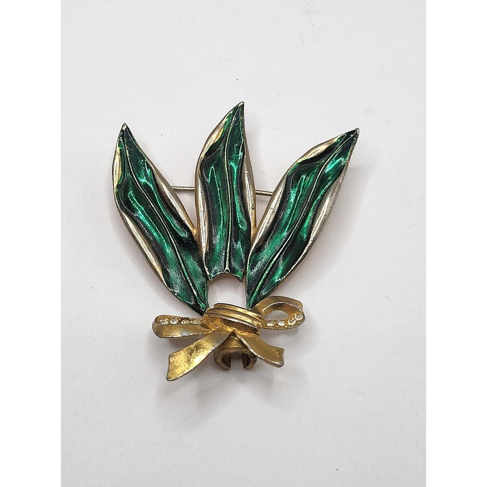 Vintage green enamel leaf brooch gold tone bow rhinestones mid-century jewelry